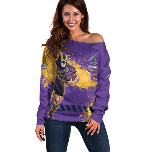 Personalised Melbourne Storm Rugby Off Shoulder Sweater Superhero Purple Storm Mascot - Sporty Splash Art Style