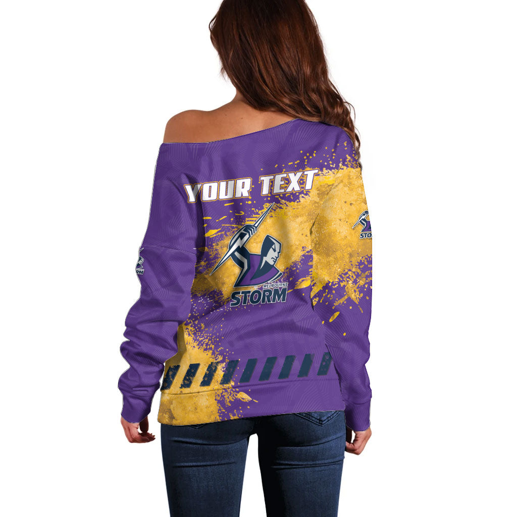 Personalised Melbourne Storm Rugby Off Shoulder Sweater Superhero Purple Storm Mascot - Sporty Splash Art Style
