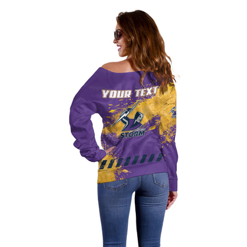 Personalised Melbourne Storm Rugby Off Shoulder Sweater Superhero Purple Storm Mascot - Sporty Splash Art Style