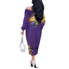 Personalised Melbourne Storm Rugby Off The Shoulder Long Sleeve Dress Superhero Purple Storm Mascot - Sporty Splash Art Style