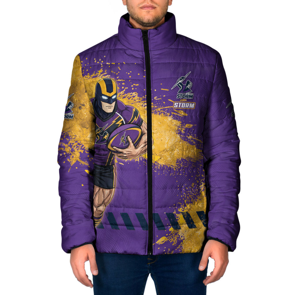 Personalised Melbourne Storm Rugby Padded Jacket Superhero Purple Storm Mascot - Sporty Splash Art Style