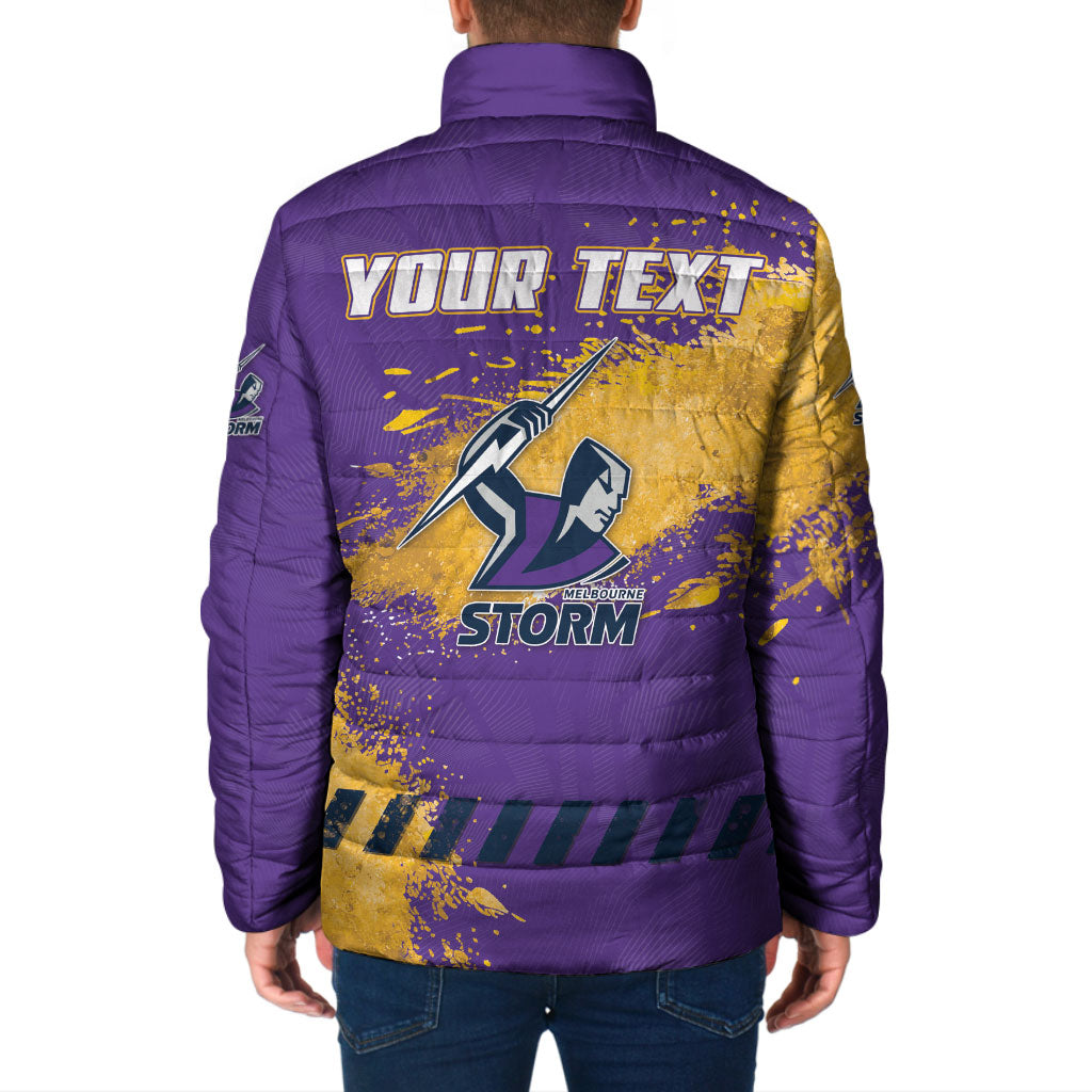 Personalised Melbourne Storm Rugby Padded Jacket Superhero Purple Storm Mascot - Sporty Splash Art Style