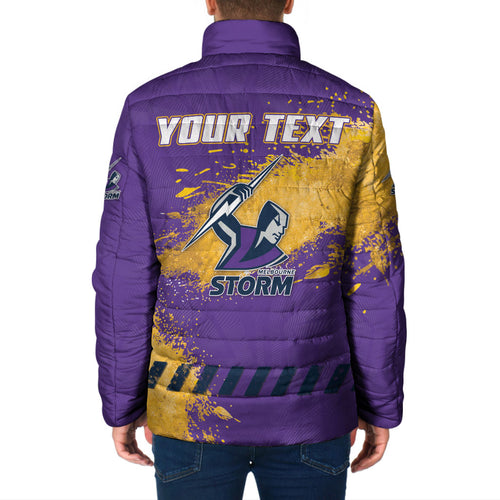 Personalised Melbourne Storm Rugby Padded Jacket Superhero Purple Storm Mascot - Sporty Splash Art Style