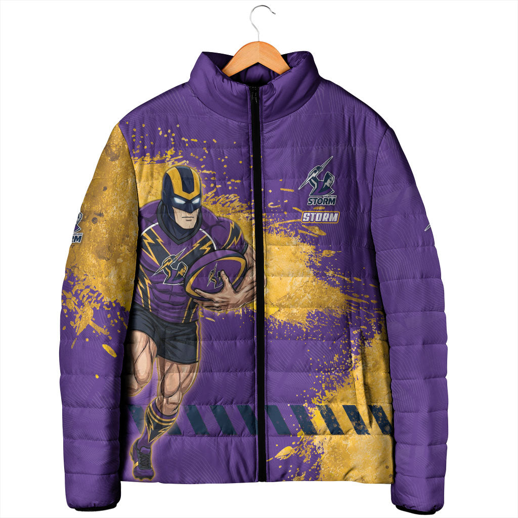 Personalised Melbourne Storm Rugby Padded Jacket Superhero Purple Storm Mascot - Sporty Splash Art Style