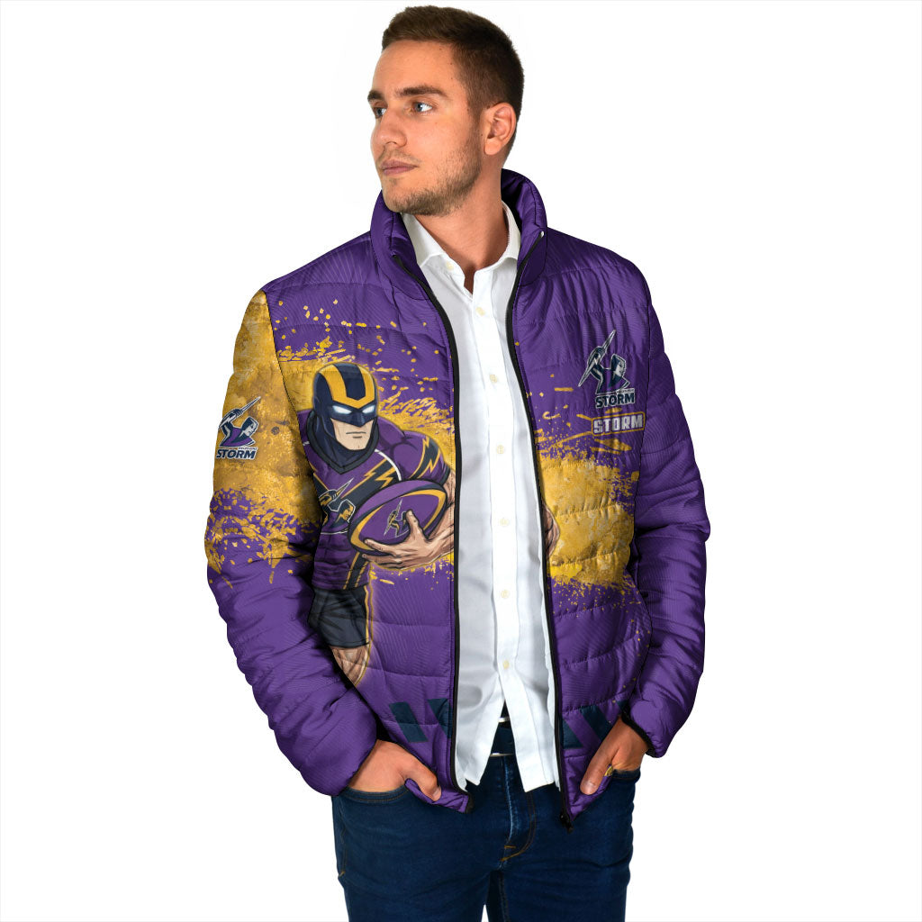 Personalised Melbourne Storm Rugby Padded Jacket Superhero Purple Storm Mascot - Sporty Splash Art Style