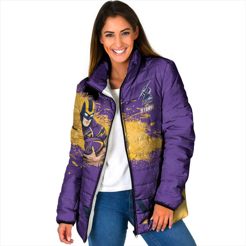 Personalised Melbourne Storm Rugby Padded Jacket Superhero Purple Storm Mascot - Sporty Splash Art Style