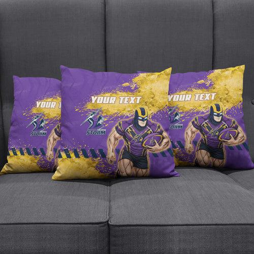 Personalised Melbourne Storm Rugby Pillow Cover Superhero Purple Storm Mascot - Sporty Splash Art Style