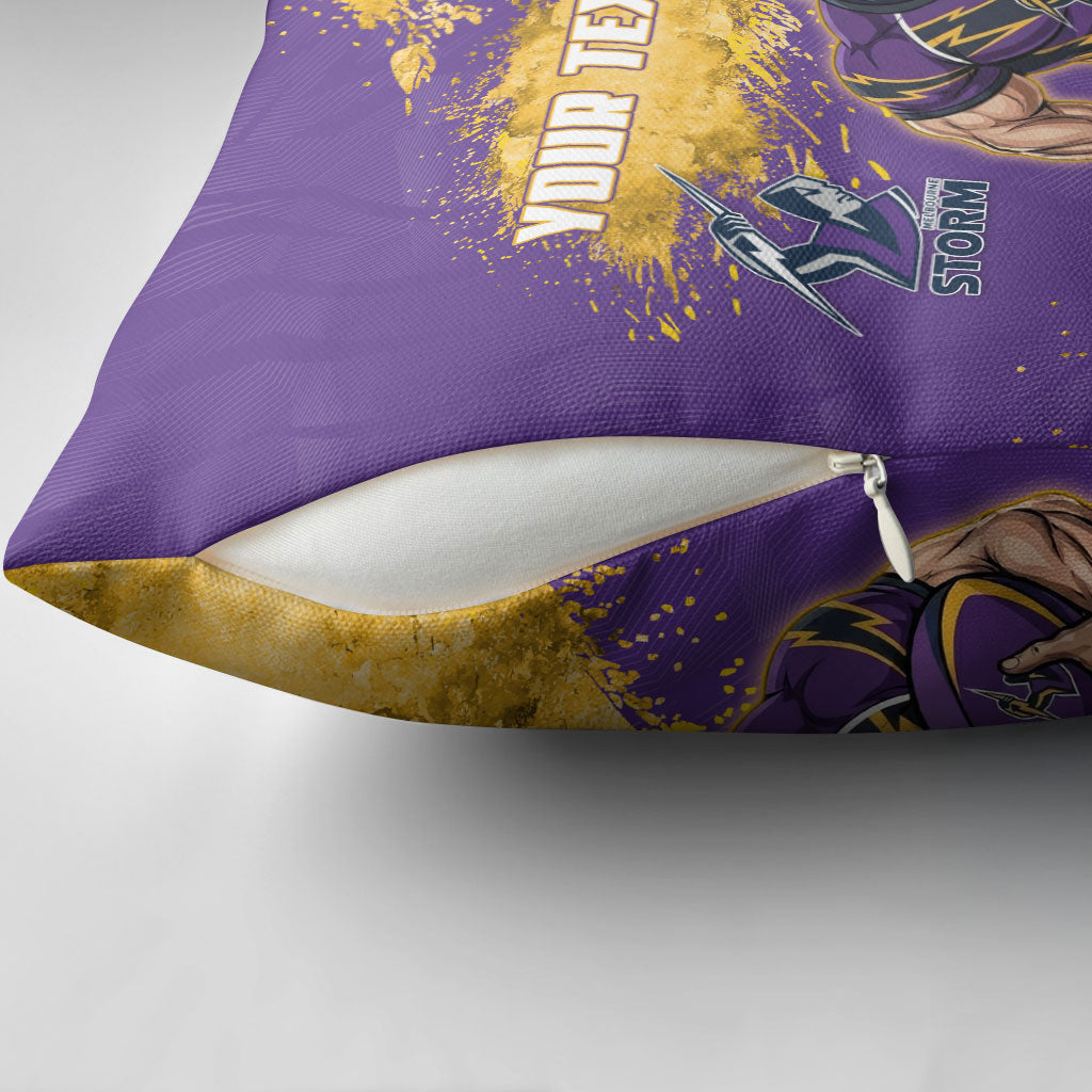 Personalised Melbourne Storm Rugby Pillow Cover Superhero Purple Storm Mascot - Sporty Splash Art Style
