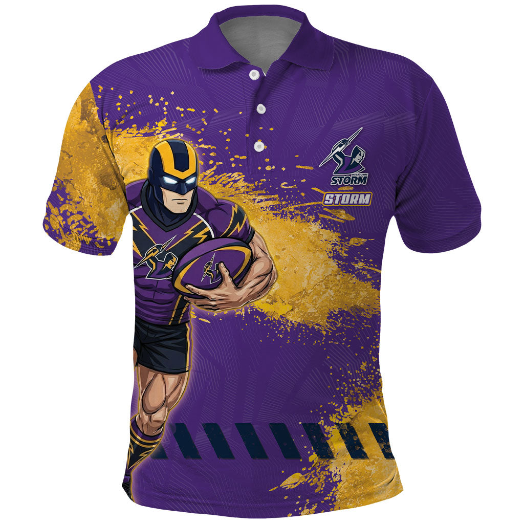 Personalised Melbourne Storm Rugby Polo Shirt Superhero Purple Storm Mascot - Sporty Splash Art Style