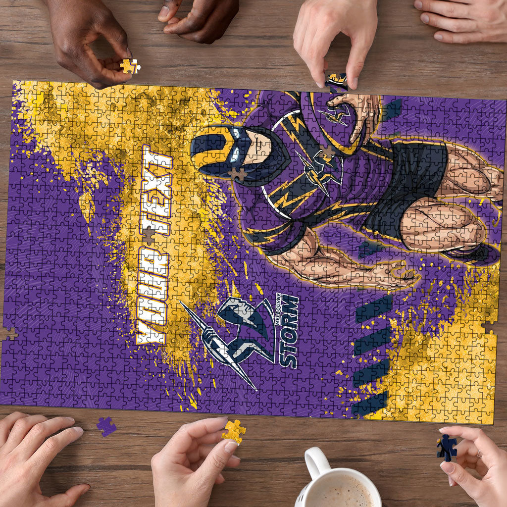 Personalised Melbourne Storm Rugby Puzzle Superhero Purple Storm Mascot - Sporty Splash Art Style