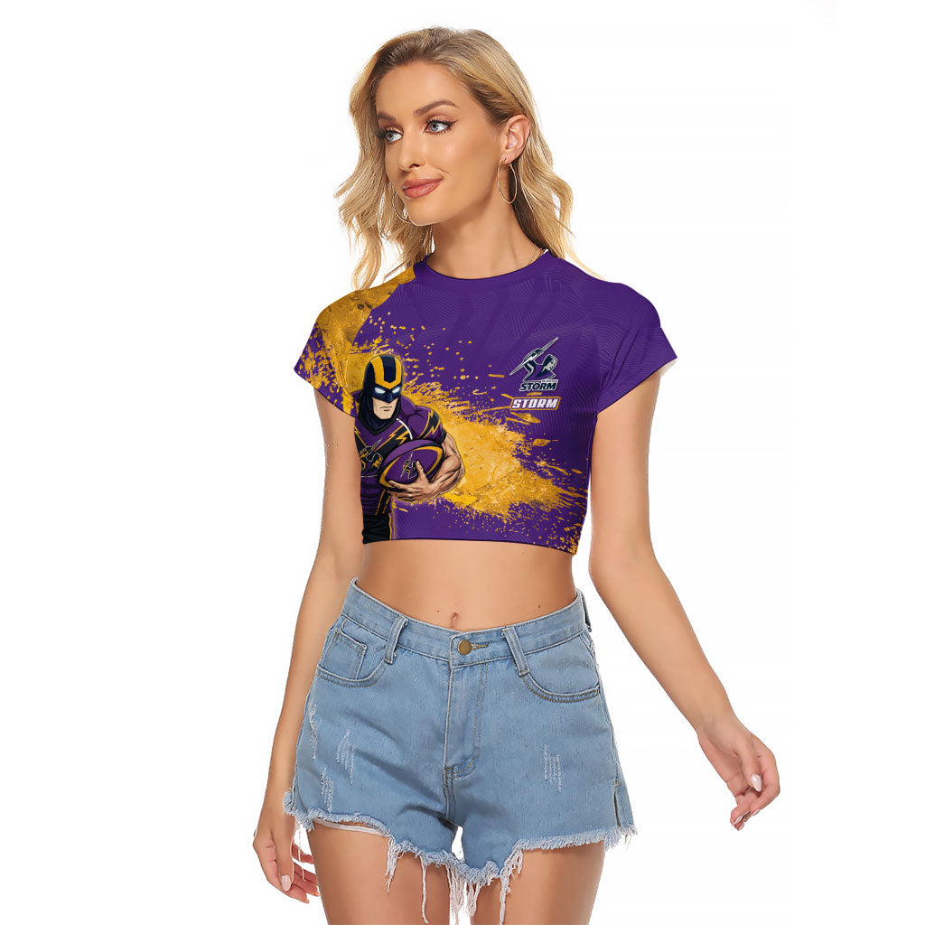 Personalised Melbourne Storm Rugby Raglan Cropped T Shirt Superhero Purple Storm Mascot - Sporty Splash Art Style