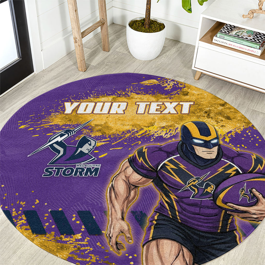 Personalised Melbourne Storm Rugby Round Carpet Superhero Purple Storm Mascot - Sporty Splash Art Style