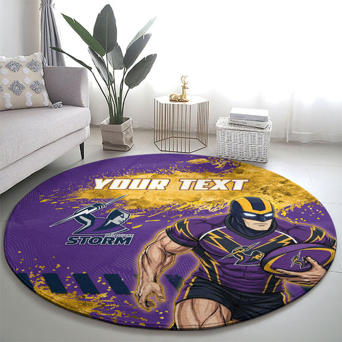 Personalised Melbourne Storm Rugby Round Carpet Superhero Purple Storm Mascot - Sporty Splash Art Style
