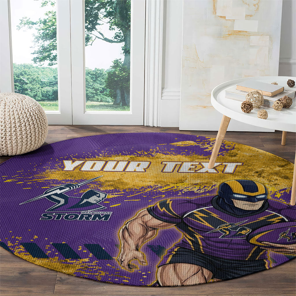 Personalised Melbourne Storm Rugby Round Carpet Superhero Purple Storm Mascot - Sporty Splash Art Style