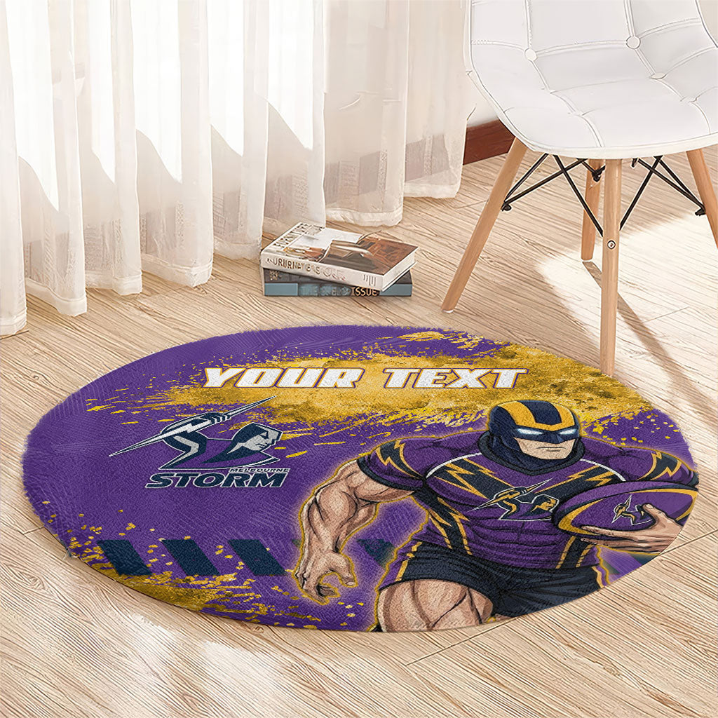Personalised Melbourne Storm Rugby Round Carpet Superhero Purple Storm Mascot - Sporty Splash Art Style