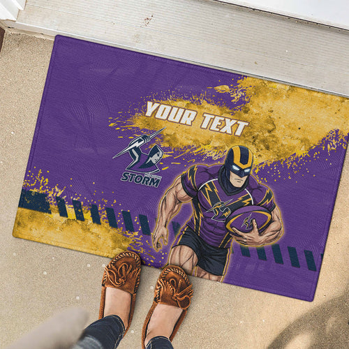 Personalised Melbourne Storm Rugby Rubber Doormat Superhero Purple Storm Mascot - Sporty Splash Art Style