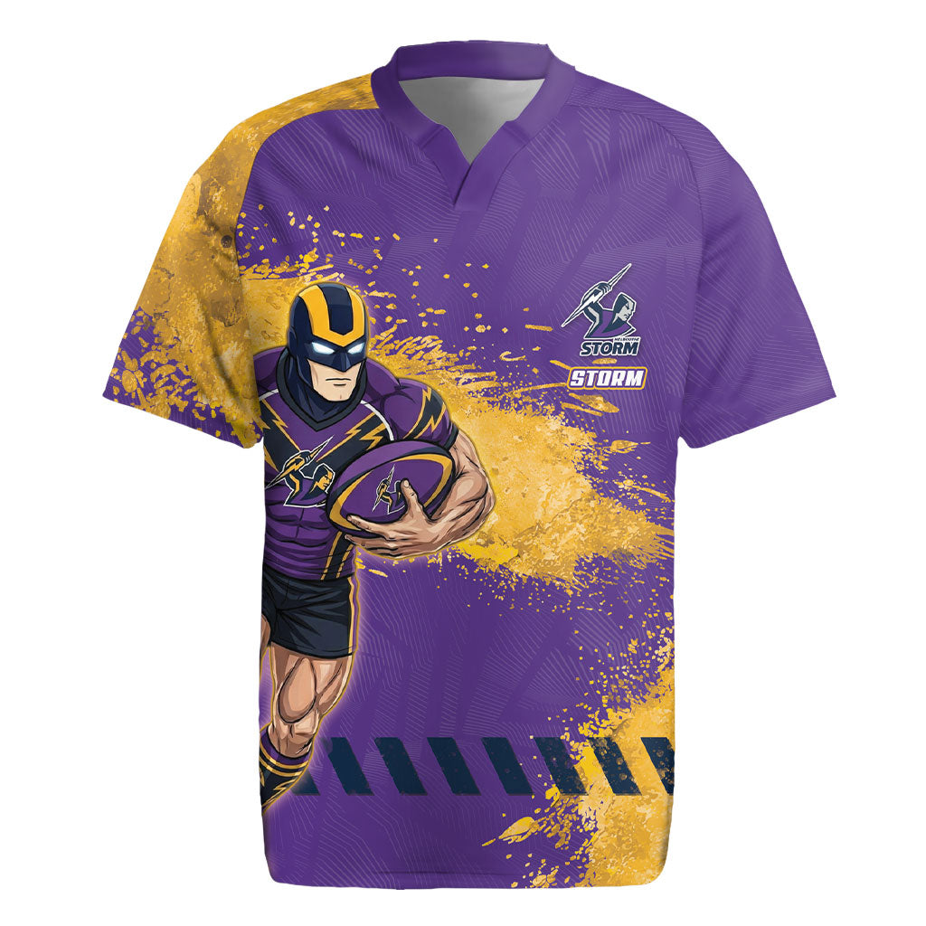 Personalised Melbourne Storm Rugby Rugby Jersey Superhero Purple Storm Mascot - Sporty Splash Art Style