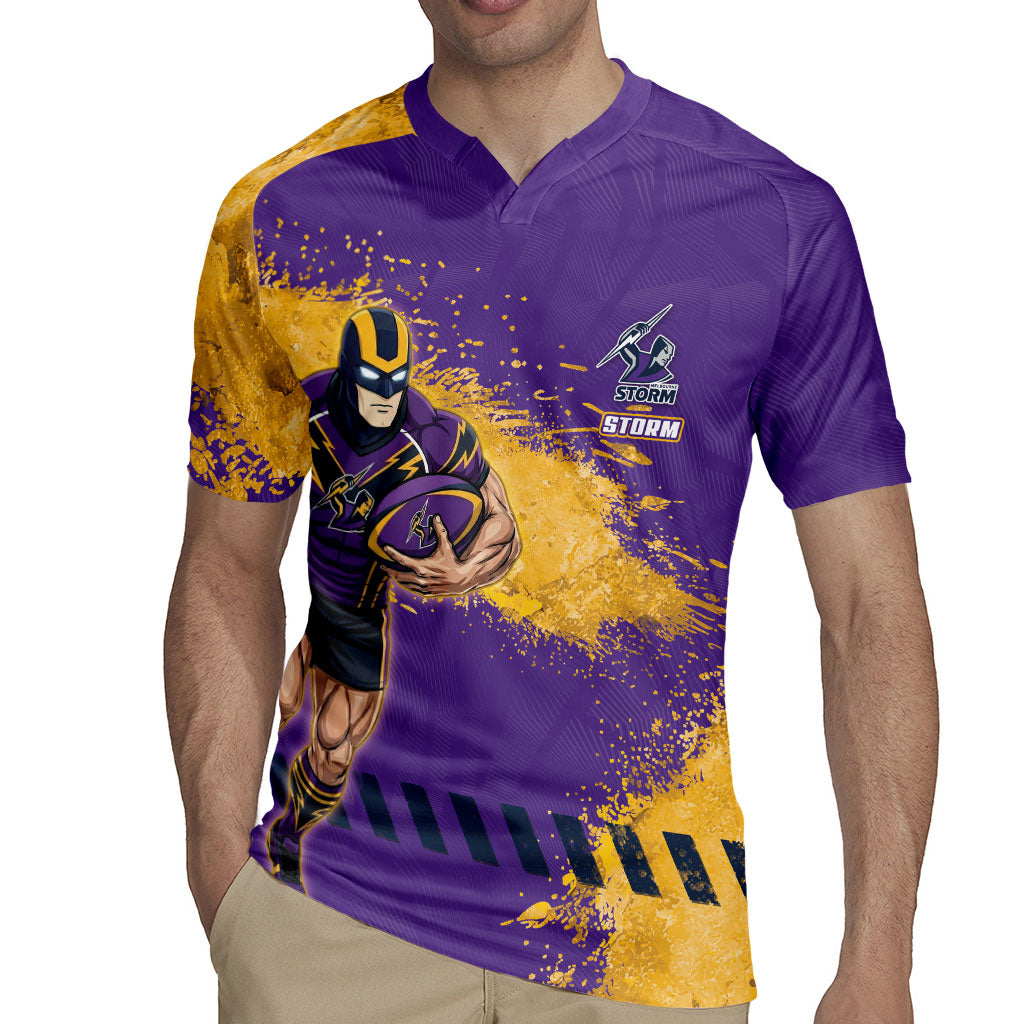 Personalised Melbourne Storm Rugby Rugby Jersey Superhero Purple Storm Mascot - Sporty Splash Art Style