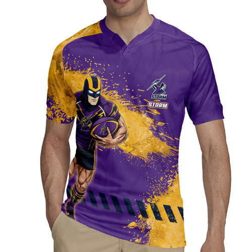 Personalised Melbourne Storm Rugby Rugby Jersey Superhero Purple Storm Mascot - Sporty Splash Art Style