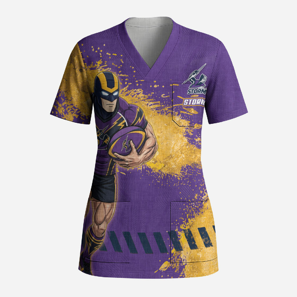 Personalised Melbourne Storm Rugby Scrub Top Superhero Purple Storm Mascot - Sporty Splash Art Style