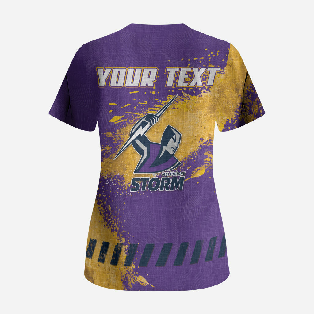 Personalised Melbourne Storm Rugby Scrub Top Superhero Purple Storm Mascot - Sporty Splash Art Style