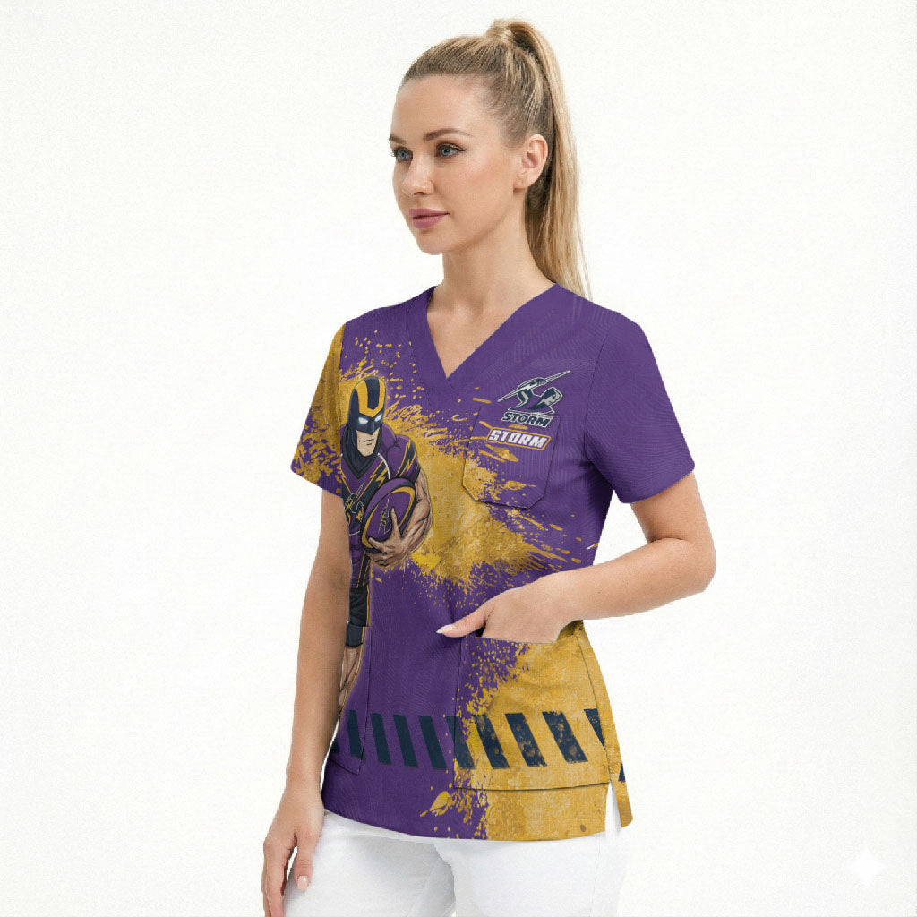 Personalised Melbourne Storm Rugby Scrub Top Superhero Purple Storm Mascot - Sporty Splash Art Style
