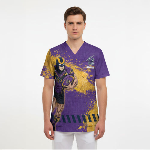 Personalised Melbourne Storm Rugby Scrub Top Superhero Purple Storm Mascot - Sporty Splash Art Style