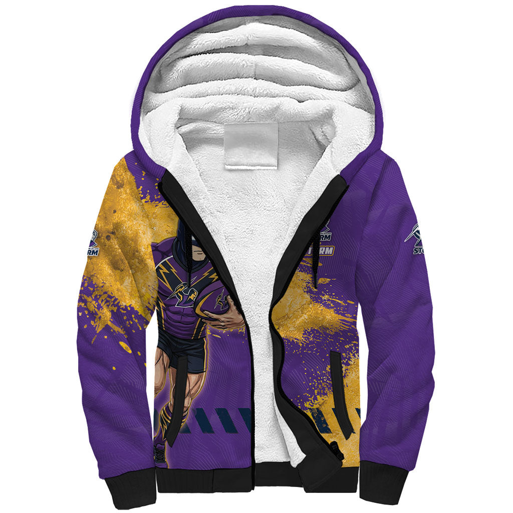 Personalised Melbourne Storm Rugby Sherpa Hoodie Superhero Purple Storm Mascot - Sporty Splash Art Style