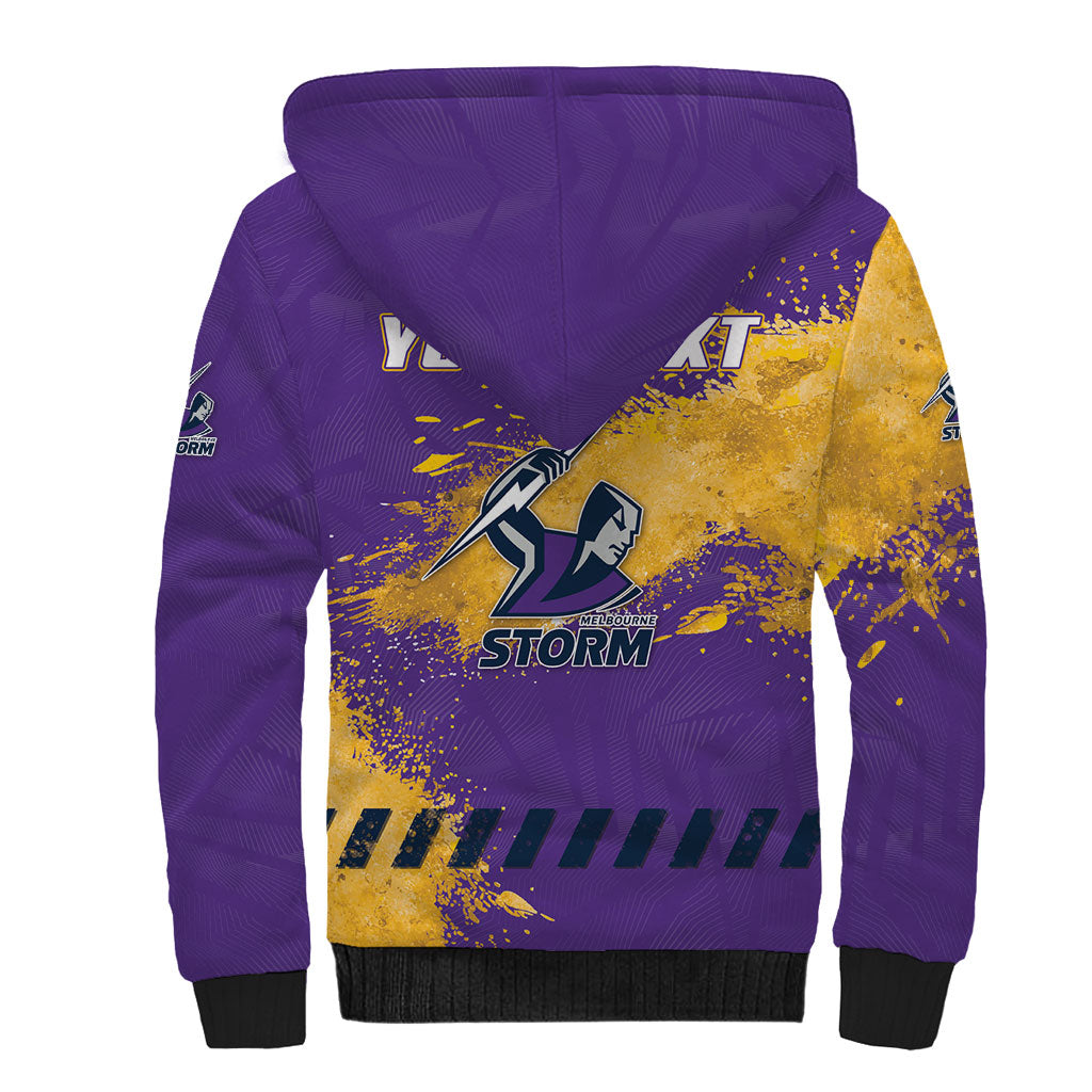Personalised Melbourne Storm Rugby Sherpa Hoodie Superhero Purple Storm Mascot - Sporty Splash Art Style