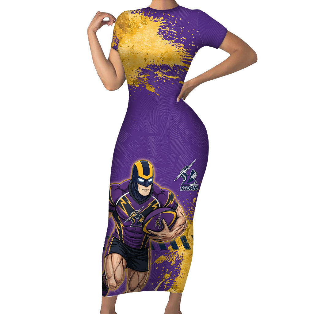 Personalised Melbourne Storm Rugby Short Sleeve Bodycon Dress Superhero Purple Storm Mascot - Sporty Splash Art Style