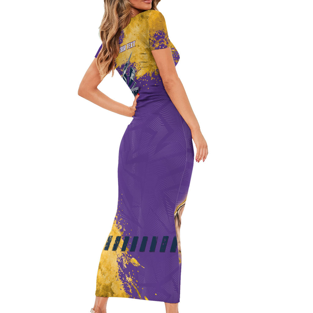 Personalised Melbourne Storm Rugby Short Sleeve Bodycon Dress Superhero Purple Storm Mascot - Sporty Splash Art Style