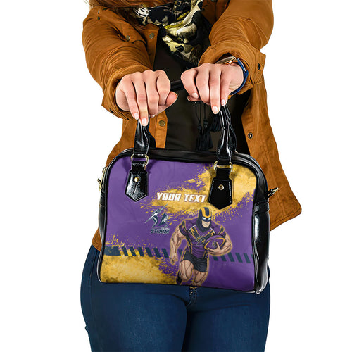 Personalised Melbourne Storm Rugby Shoulder Handbag Superhero Purple Storm Mascot - Sporty Splash Art Style