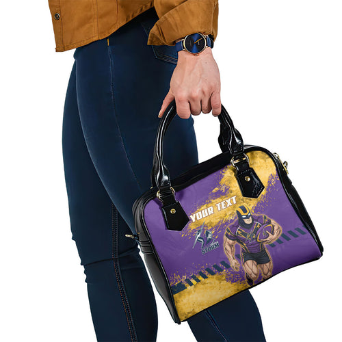 Personalised Melbourne Storm Rugby Shoulder Handbag Superhero Purple Storm Mascot - Sporty Splash Art Style