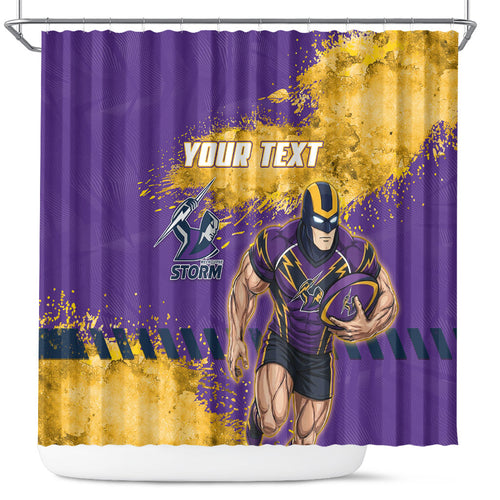 Personalised Melbourne Storm Rugby Shower Curtain Superhero Purple Storm Mascot - Sporty Splash Art Style