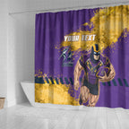 Personalised Melbourne Storm Rugby Shower Curtain Superhero Purple Storm Mascot - Sporty Splash Art Style