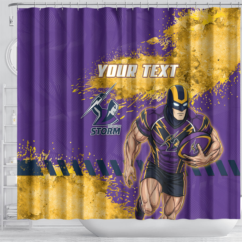 Personalised Melbourne Storm Rugby Shower Curtain Superhero Purple Storm Mascot - Sporty Splash Art Style