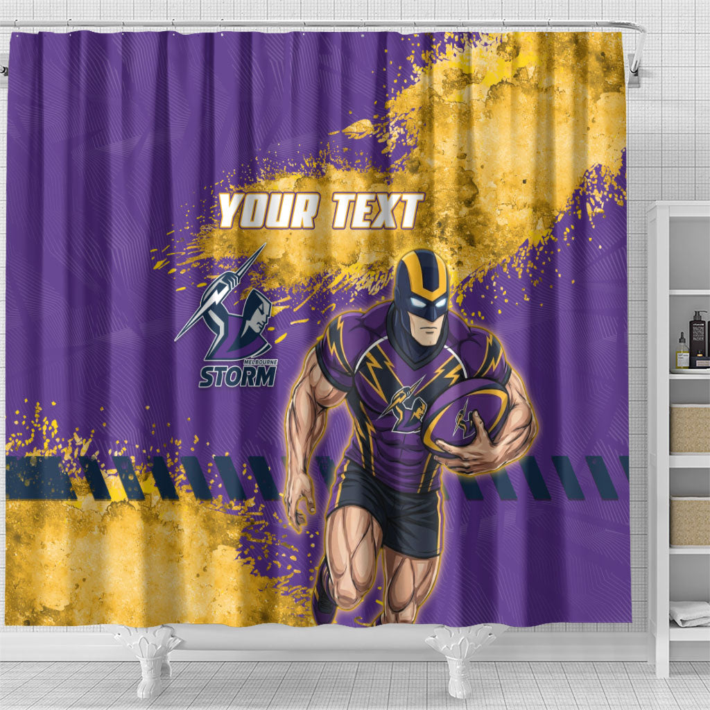 Personalised Melbourne Storm Rugby Shower Curtain Superhero Purple Storm Mascot - Sporty Splash Art Style