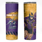 Personalised Melbourne Storm Rugby Skinny Tumbler Superhero Purple Storm Mascot - Sporty Splash Art Style