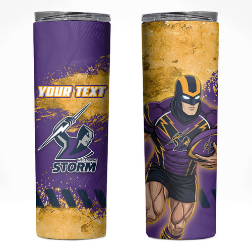Personalised Melbourne Storm Rugby Skinny Tumbler Superhero Purple Storm Mascot - Sporty Splash Art Style