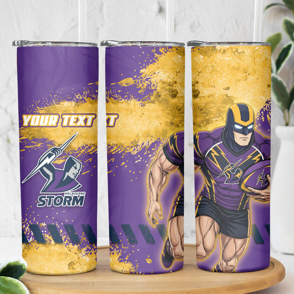 Personalised Melbourne Storm Rugby Skinny Tumbler Superhero Purple Storm Mascot - Sporty Splash Art Style