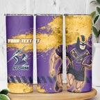 Personalised Melbourne Storm Rugby Skinny Tumbler Superhero Purple Storm Mascot - Sporty Splash Art Style