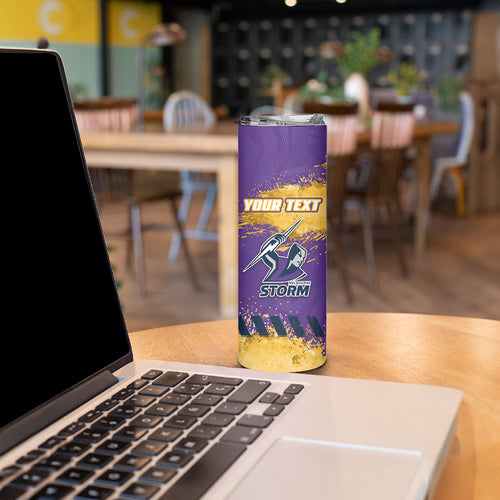 Personalised Melbourne Storm Rugby Skinny Tumbler Superhero Purple Storm Mascot - Sporty Splash Art Style