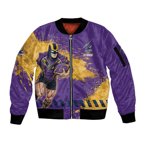 Personalised Melbourne Storm Rugby Sleeve Zip Bomber Jacket Superhero Purple Storm Mascot - Sporty Splash Art Style