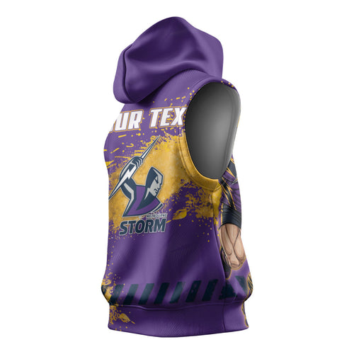 Personalised Melbourne Storm Rugby Sleeveless Hoodie Superhero Purple Storm Mascot - Sporty Splash Art Style