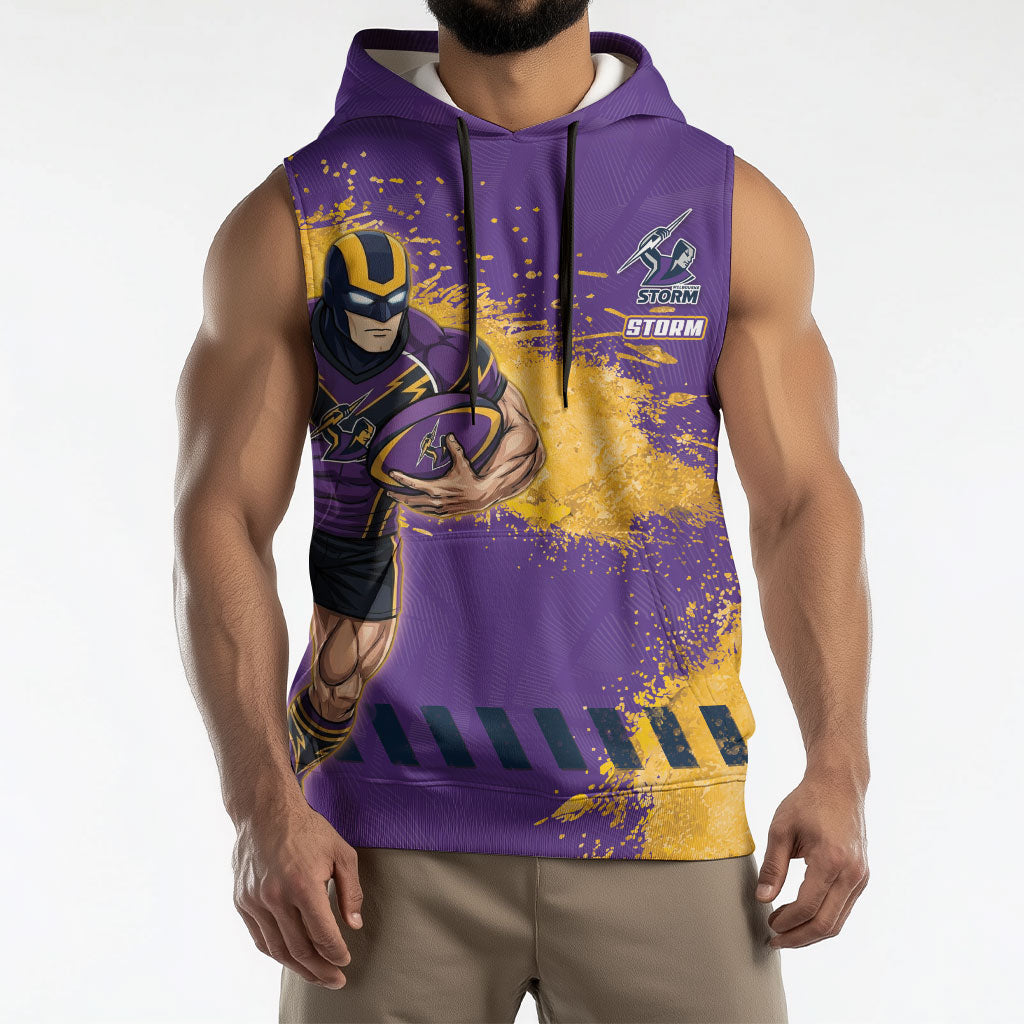 Personalised Melbourne Storm Rugby Sleeveless Hoodie Superhero Purple Storm Mascot - Sporty Splash Art Style