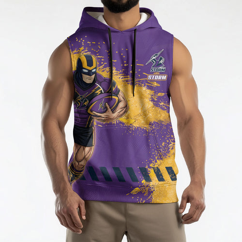 Personalised Melbourne Storm Rugby Sleeveless Hoodie Superhero Purple Storm Mascot - Sporty Splash Art Style