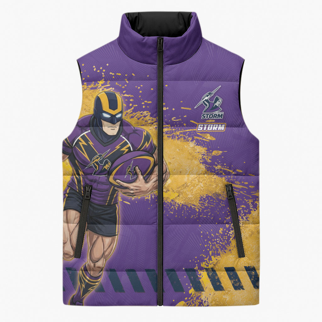 Personalised Melbourne Storm Rugby Sleeveless Puffer Jacket Superhero Purple Storm Mascot - Sporty Splash Art Style
