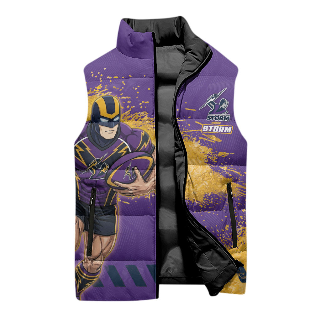 Personalised Melbourne Storm Rugby Sleeveless Puffer Jacket Superhero Purple Storm Mascot - Sporty Splash Art Style