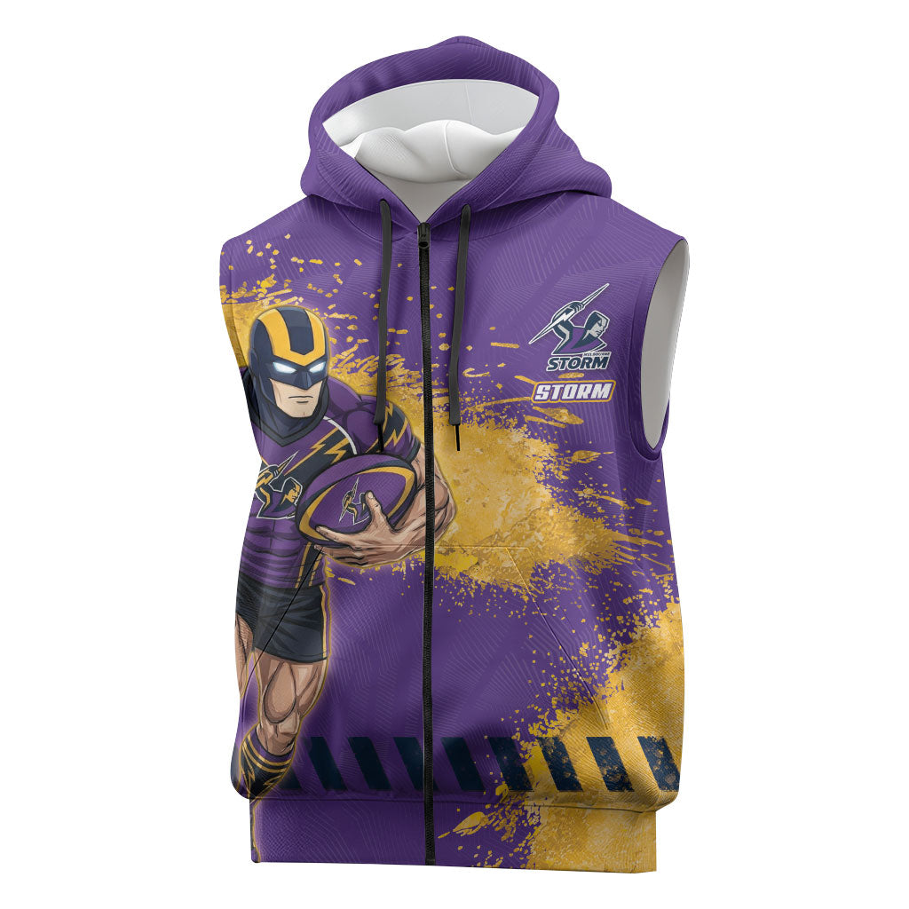 Personalised Melbourne Storm Rugby Sleeveless Zip Hoodie Superhero Purple Storm Mascot - Sporty Splash Art Style