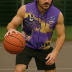 Personalised Melbourne Storm Rugby Sleeveless Zip Hoodie Superhero Purple Storm Mascot - Sporty Splash Art Style